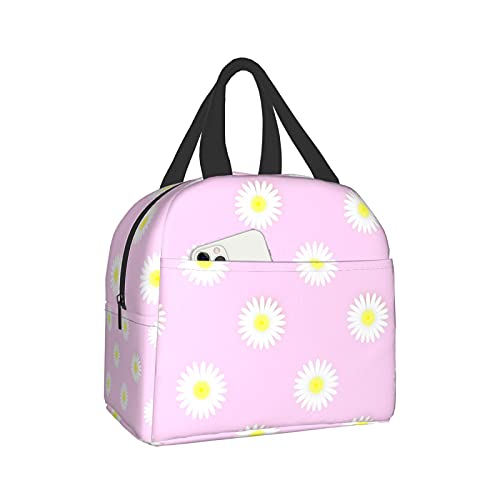 Insulated Lunch Bag for Women, Cooler Tote Reusable Lunch Box Container for Work Office Travel Picnic Daisy Pink Flower