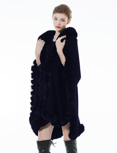 Women Faux Fur Shawl Wrap Winter Cape Poncho with Fur Trim Sleeveless Cardigan Dressy Cloak Coat3