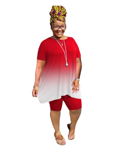 YeGine Women Plus Size 2 Piece Outfits Casual Short Sleeve Tunic Tops Shorts Sets Summer Oversized Tshirts Shorts Sweatsuits Red Gradient 2XL