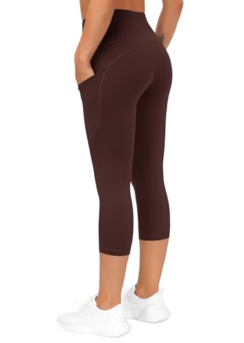 Image of THE GYM PEOPLE Thick High Waist Capris Yoga Pants with Pockets, Tummy Control Workout Running Yoga Leggings for Women