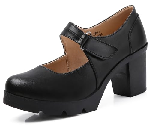DADAWEN Women's Leather Classic Mid Heel Mary Jane...
