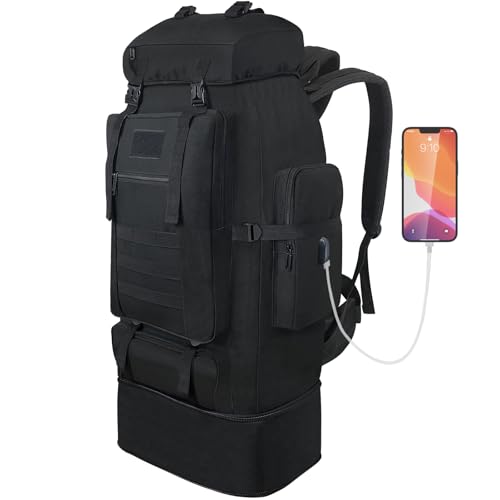 Vaupan Expandbarer 70L bis 100L Rucksack, Großer MOLLE Camping Wanderrucksack, Wasserdichter Taktischer Rucksack Reise Trekkingrucksack für Outdoor & Wandern (Schwarz)