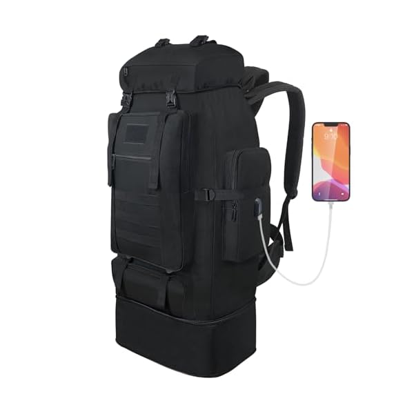 70L/100L Hiking Backpack with USB Charging Port, Expandable Large Military Tactical Backpack, Waterproof MOLLE Rucksack Travel Backpacking Daypack for Camping Climbing (Black)