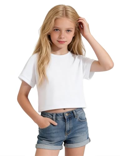 Image of Girls Crop Tops Short Sleeve T-Shirts for Girl Crew-Neck Basic Tee Size 7-14 Years
