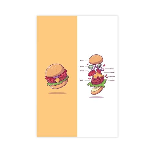 Burger Ingredients - Póster de dibujos animados en lienzo para decoración de salón, dormitorio, sin marco, 60 x 90 cm