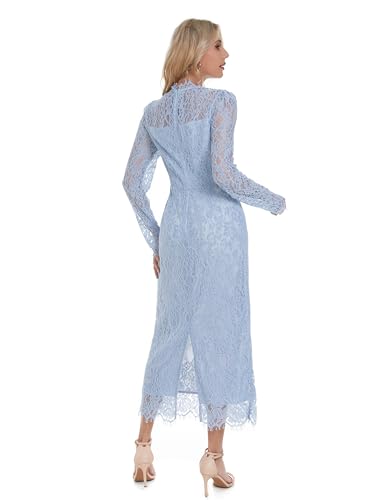 Image of Women's Long Sleeve Lace Floral Wedding Guests Dress Elegant Cocktail Ocassion Party Midi Dress