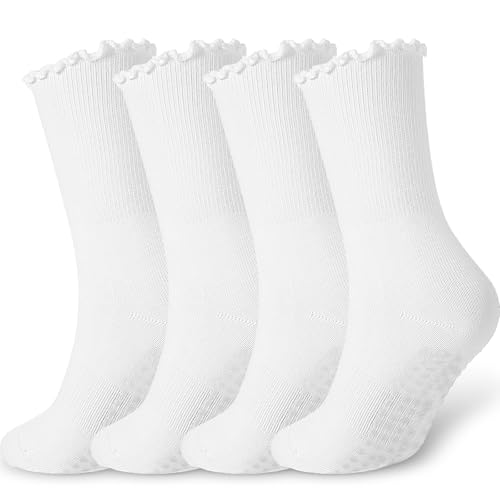 Jeere 4 Pairs Pilates Socks with Grips for Women Crew Non Slip Frilly Yoga Socks Cotton for Workout Hospital(White)