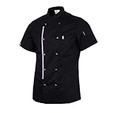 Solid Double Breasted Chef Jackets Coat Short Sleeves Shirt Kitchen Uniforms for Women Men - Black L