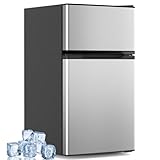Electactic 3.2 Cu.Ft Mini Fridge with Freezer, Compact Refrigerator with 2 Doors, Small Fridge with Adjustable Thermostat & Removable Glass Shelves for Bedroom, Office, Dorm, or Apartment, Silver