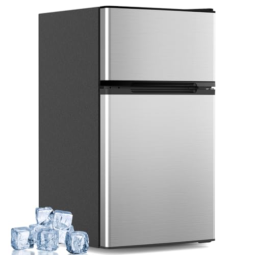 Image of Electactic 3.2 Cu.Ft Mini Fridge with Freezer, Compact Refrigerator with 2 Doors, Small Fridge with Adjustable Thermostat & Removable Glass Shelves for Bedroom, Office, Dorm, or Apartment, Silver