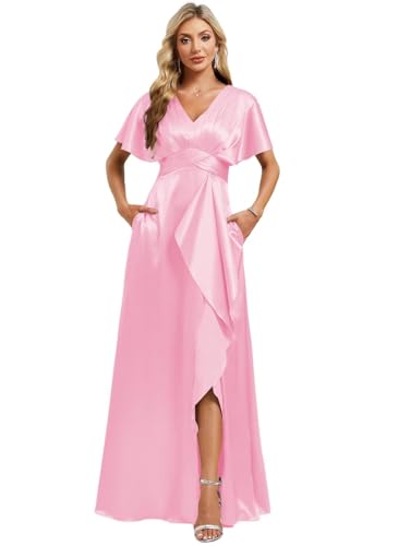 Image of Elegant Satin Bridesmaid Dress with Sleeves Ruffles High Silt Formal Dresses Long for Women Fall DIN022
