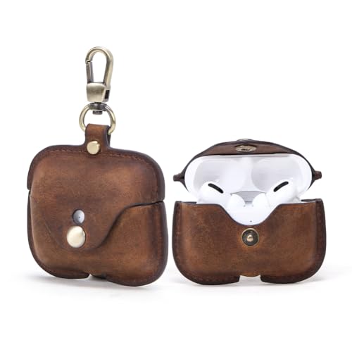 CONTACTS Capa Case Estojo de couro legítimo para AirPods Pro 3 com recorte para botão Bluetooth, clip giratório, fecho de metal e suporte para carregamento sem fio rápido-Luxo(Marrom)
