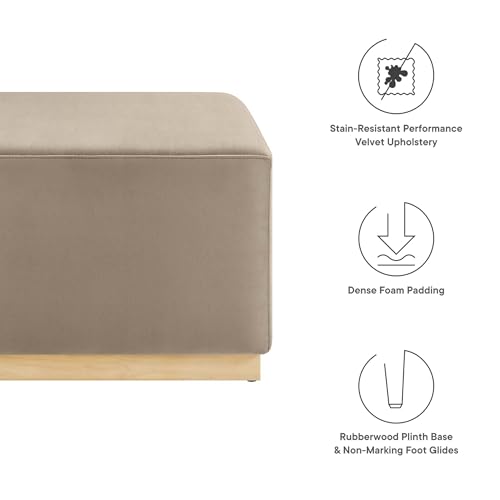 Modway Tilden 28 Inch Square Performance Velvet Upholstered Ottoman in Taupe Natural - Large Ottoman Foot Rest with Rubberwood Plinth Base, Living Room Ottoman Coffee Table - Velvet Ottoman Table by Modway - Image 2