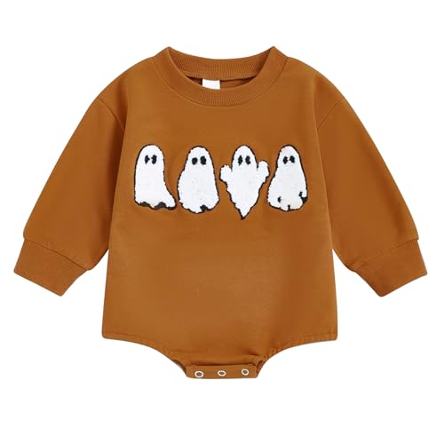 Image of Lesimsam Baby Boy Girl Halloween Outfit Ghost Embroidery Sweatshirt Romper Oversized Sweater Romper One-Piece Outfit