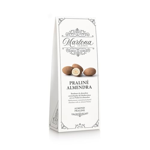 Marlona Classic Praliné: Bombones de almendras caramelizadas del Mediterráneo con un Praliné de almendras. Estuche de 80g