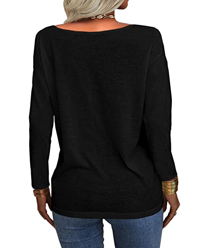 Danedvi Women Fashion Deep V-Neck Long Sleeve Tops Solid Casual Loose Basic T Shirt2