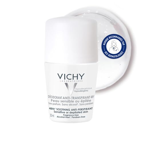 Vichy, Déodorant Anti-Transpirant 48H, Roll-On, Protège et Régule, Sans Alcool, Sans Parfum, Pour Peaux Sensibles, 50 ml
