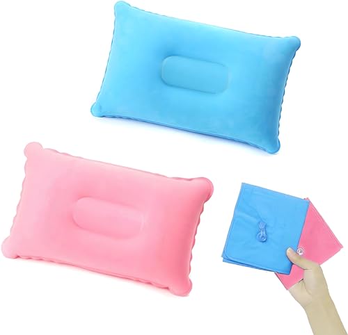 MEETTIKEY Inflatable Camping Pillow Ultralight & Compressible Soft Waterproof Portable Blow Up Pillow for Camping Hiking Beach Fishing & Office 34 x 22cm (Sky blue & Pink)