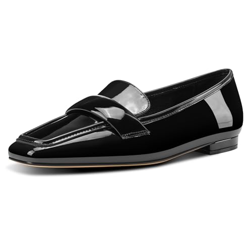 Image of TNYNFBEB Womens Square Toe Low Heel Penny Loafers Shoes Patent Leather Comfortable Slip-on Work Business Flats Shoes