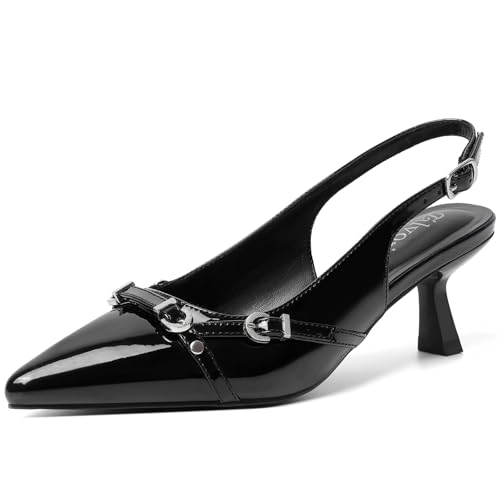 Kitten Heels for Women Pointed Toe Pumps Patent Leather Low Heel Dress Slingback Heels with Buckle Dressy Slip On Shoes for Dating Party Working for Wedding Bridal Party Work