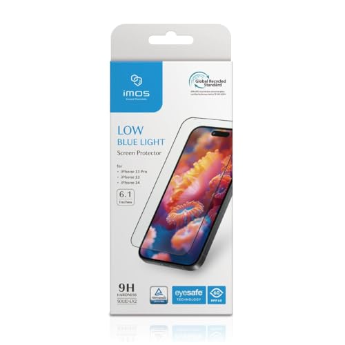 imos iPhone 16e / 14/ 13 / 13 Pro用 画面保護フィルム、2.5Dブルーライトカットブラックベゼル保護強化ガラス、耐久性と落下に強い、気泡なし、簡単取り付け