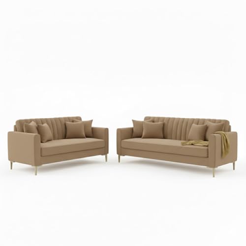Image of 3+2 Seater Velum Fabric Sofa Set for Living Room, Modern Design with High Density Foam, Solid Wood Frame, Ergonomic Comfortable Seating for Home & Office (Light Brown, 3+2 Seater) | Soft foam comfort, Strong wood frame