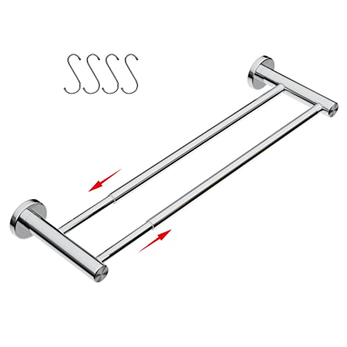 Adjustable Double Bath Towel Bar 16 to 27.6 Inch, ZUEXT Chrome Finished Stainless Steel Towel Holder Hanger, Expandable Wall Mounted Towel Rail for Bathroom Kitchen, 1' Tube Towel Rail Rack w/Hooks