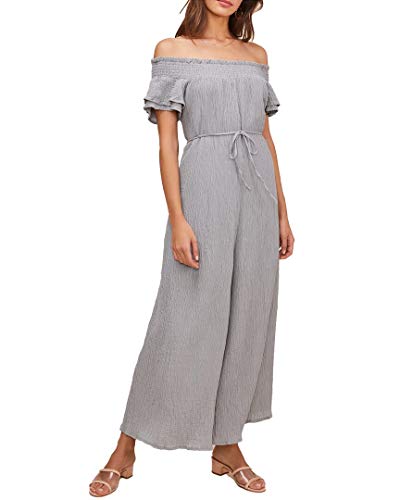 ASTR the label Women's Off-The-Shoulder Tie Waist Wide Leg Maura Jumpsuit, Slate, M