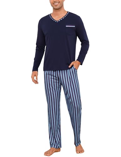 Demegimi Pijama Hombre Invierno Algodón Rayas Pijamas de Manga Larga para Hombres Conjuntos de Pijama de 2 Piezas Ropa de Dormir Cuello en V y Pantalones Largos Suaves