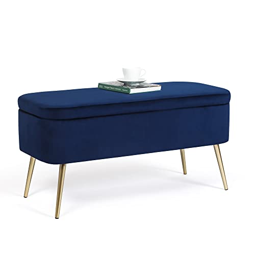 Homebeez 39.1" Length Bedroom Storage Bench, End Bed Ottoman Bench With Golden Metal Legs, Dressing Chair For Entryway Living Room, Blue #TOP30