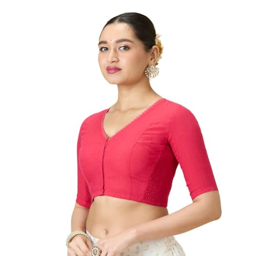 Image of Studio Shringaar Women's Handloom Cotton Side Stretchable (Smocked) Readymade Saree Blouse with Crochet Neckline