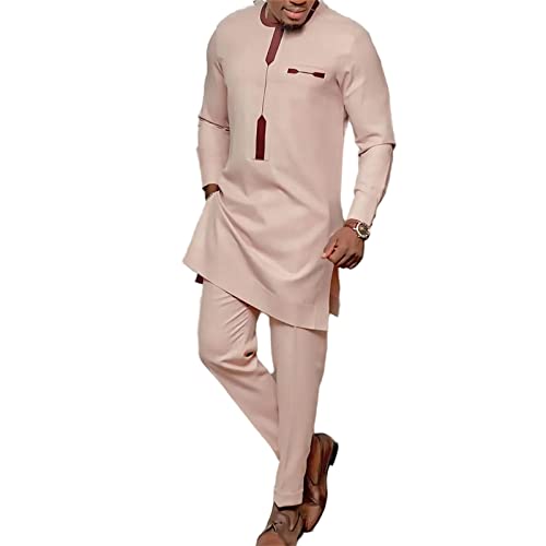 Mens African 2 Piece Set Traditional Shirt and Pants Set Suit Middle East Suit Long Sleeve Leisurely Light Pink Fashion (Light Pink,S,Small,Regular,Regular)