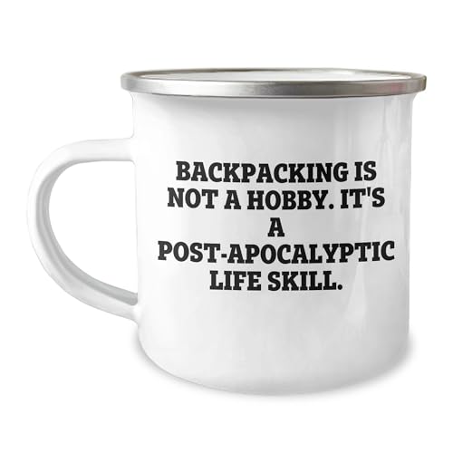 NAPAVI Funny Backpacking Gifts | 12oz Enamel Camping Mug | Great Backpacking Gear | Sarcastic Backpacking Life Skill Mugs | Gifts for Dad on Father's Day