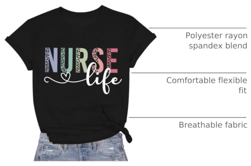 Image of Women Nurse Shirts Nursing Life Letter Short Sleeve Register Nurses Inspirational Tee