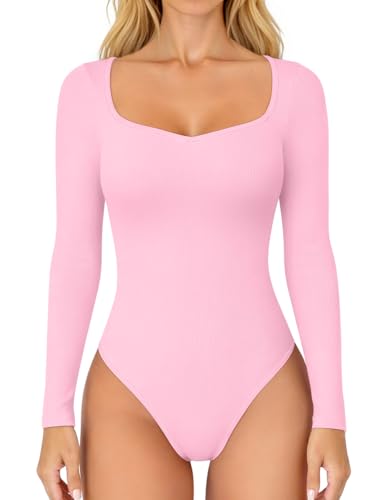 OQQ Women Bodysuit Contrast-Trim Square Neck Long Sleeve Stretch Bodysuit Tops Pink cherry blossom