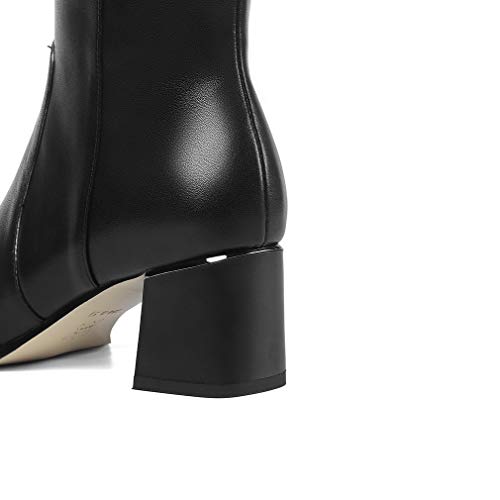 Tinacus Handmade Women's Genuine Leather Square Toe Mid Chunky Heel Side Zip Up Black Knee High Boots With Buckle Decor (Black, Us8) #TOP3