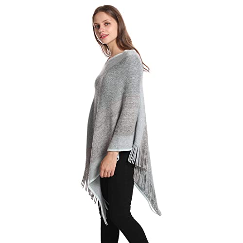 Image of Women's Elegant Knitted Shawl Poncho with Fringed V-Neck Striped Sweater Pullover Cape Gifts for Women Mom