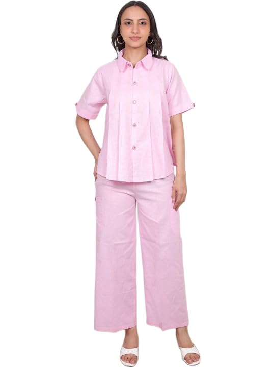 Linen Solid Shirt with Palazzos- Pink-image-1