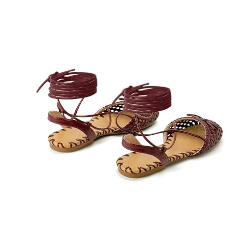 Image of Woven Ballet Flats for Women Lace Up Closed Square Toe Summer Sandals Dressy Shoes