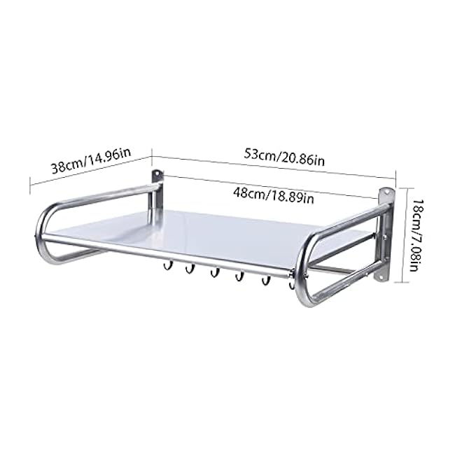 Wall-Mounted Microwave Shelf Microwave Oven Rack Kitchen Utensils Wall Shelf Metal Over Oven Shelf With 6 Hook Multifunctional Storage Bracket Sliver£¨20.87x14.96x7.09inch