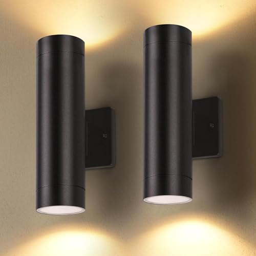LUTEC Dusk to Dawn Outdoor Wall Lights, 16W Integrated LED Cylinder Up-Down Sconce, 3000K Waterproof Aluminum Exterior Lighting, Matte Black Modern Porch and Entryway Wall Light Fixture, 2 Pack