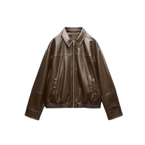Leather sleeve loose jacket lapel zipper short jacket casual high street jacket