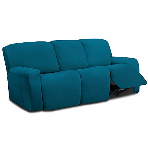 Image of Easy-Going 8 Pieces Microfiber Stretch Sectional Recliner Sofa Slipcover Soft Fitted Fleece 3 Seats Couch Cover Washable Furniture Protector with Elasticity for Kids Pet(Recliner Sofa,Peacock Blue)