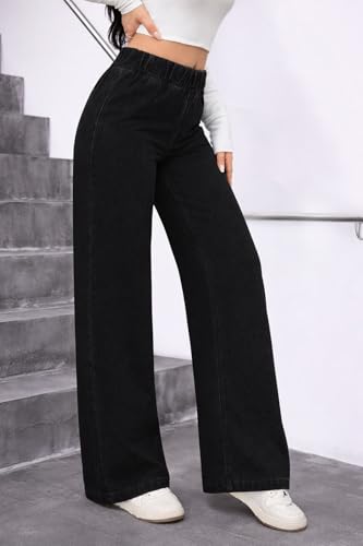 Image of ADBUCKS Women's Stretch Denim Wide Leg Jeans Comfort Fit with Elastic Waistband, Straight Cut, Casual Style for All Seasons, Versatile Clothing