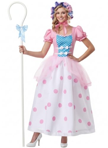 Women's Little Bo Peep Halloween Costume | Classic Toy Story Character Outfit with Pink and Blue Bonnet, Polka Dot Dress Large