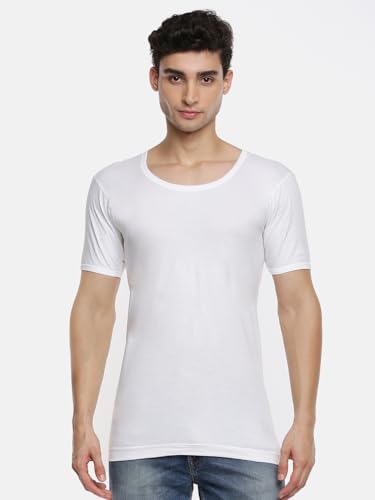 Image of RAMRAJ COTTON Men's White Round Neck Half Sleeve Cotton Undershirt /Vest /Banian| Comfy Ultrasoft Fabric