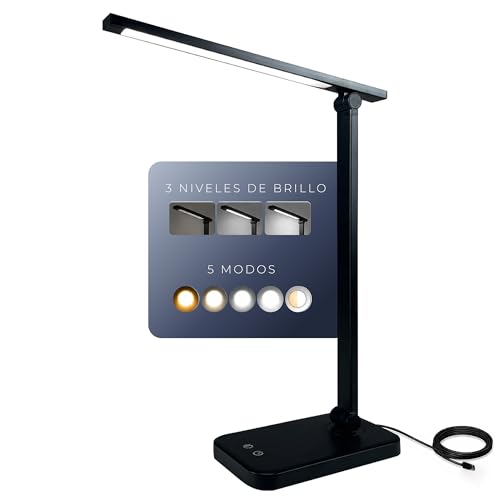 Kasbbu Lámpara LED de Escritorio USB con Control Táctil, 5 Modos de Luz y 3 Niveles de Brillo, Flexo Ajustable 180°, Luz sin Parpadeo para Estudio, Oficina y Lectura