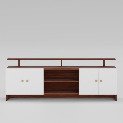 Image of Modern TV Unit for Living Room | Wooden TV Cabinet with Open Shelf & Storage | Entertainment Unit | Assembly-DIY | Color-Cherry Pine & White