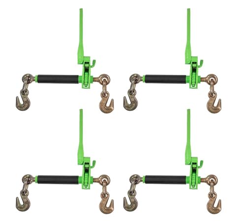 Image of Mytee Products 4 Pack 5 /16 inch - 3 /8 inch Hi-Viz Green Heavy Duty Folding Handle Ratchet Load Binder w /Grab Hook 7,100 lbs WLL | Tie Down Hauling Chain Binders for Flatbed Truck Trailer