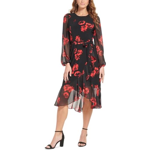 Tommy Hilfiger Vestido midi con estampado floral para mujer, Negro/Escarlata, 4 Petite